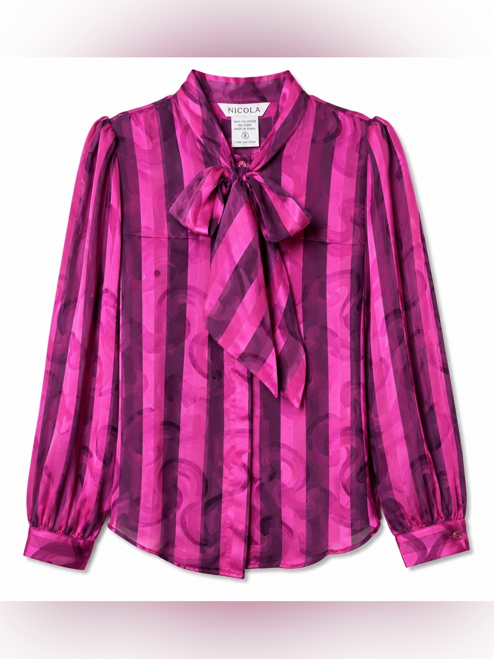Vintage Nicola Sheer Pink Purple Striped Bow Blouse 80s Secretary Whimsy Retro